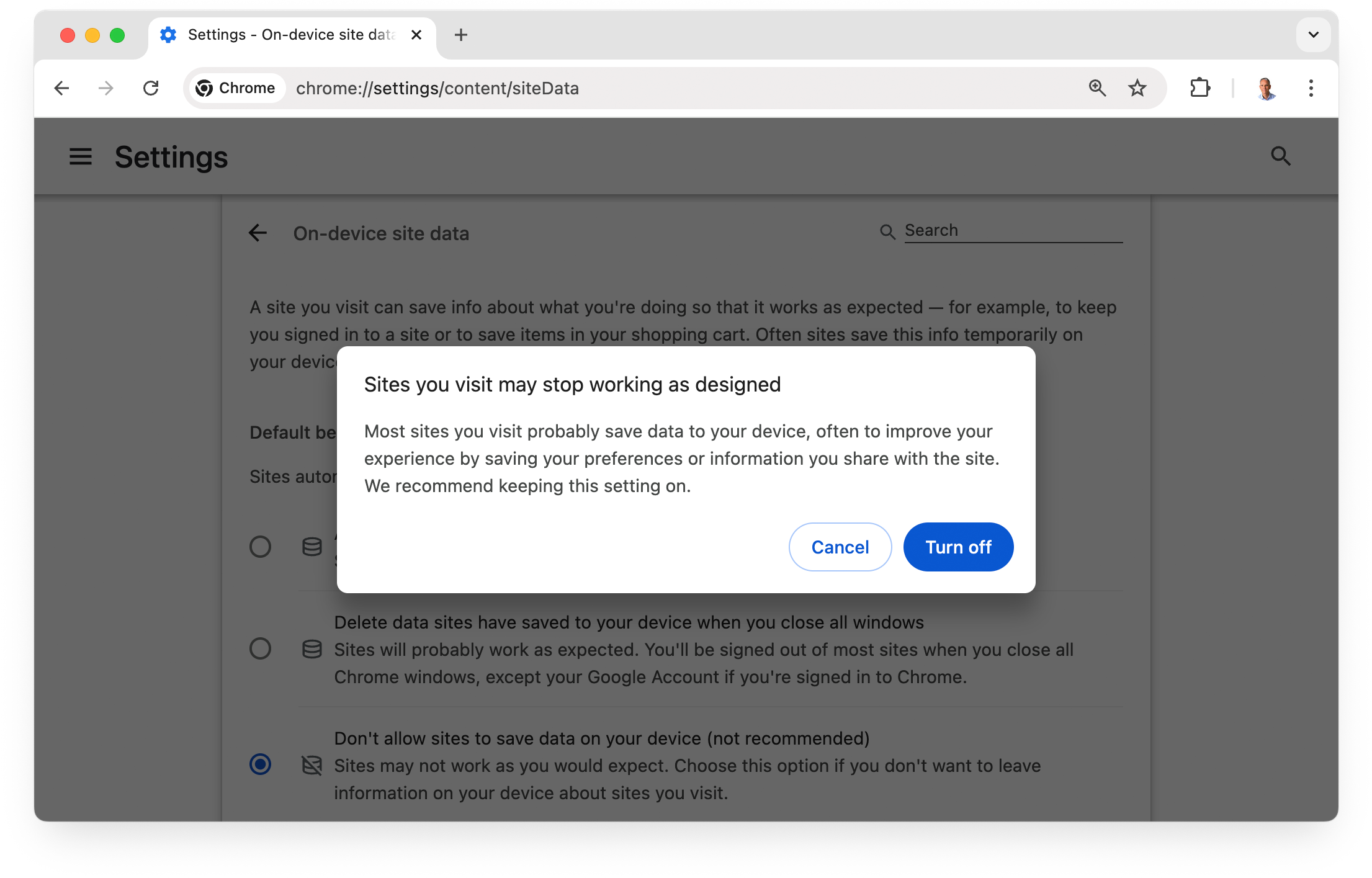 Don't allow sites to save data on your device, selected from chrome://settings/content/siteData page